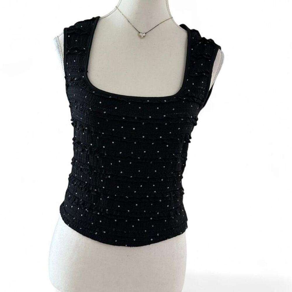 Black Tiered Ruffled White Polka Dot Square Neck Fitted Casual Going Out Top